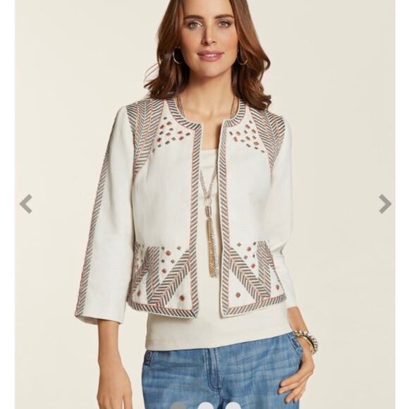 CHICOS Artisan Cropped Boho Jacket sz3 Cream Embroidered Beaded Tribal - Picture 12 of 12
